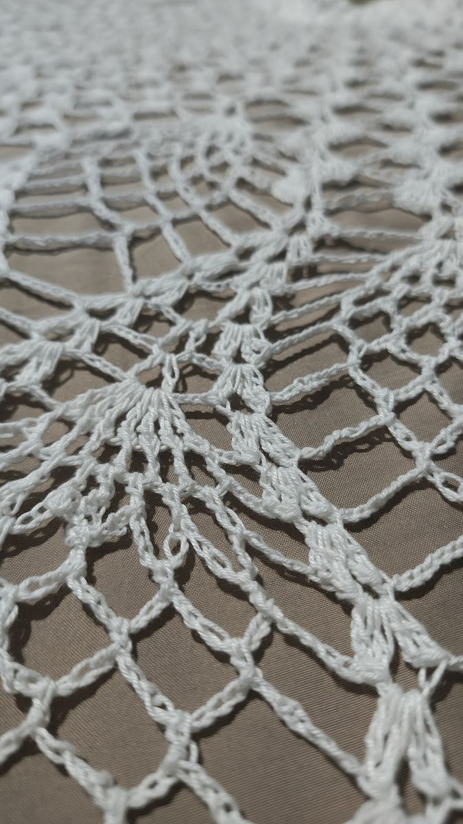 Detalhe de uma renda de crochê branca com pontos em forma de leque.